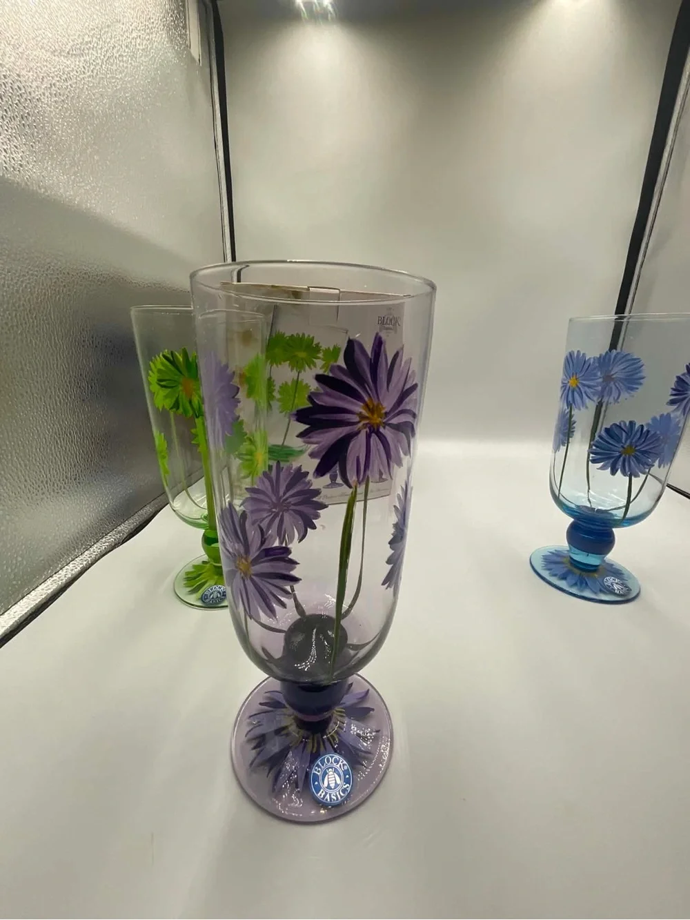 Block Crystal Daisy 4 Hand Painted All Purpose Water Tea Stemmed Glass Goblets